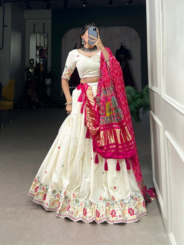 Azorte Fashion Khadi Cotton Lehenga Choli with Embroidery & Gaji Silk Dupatta - PCK, Stitched, Unstitched
