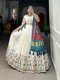 Azorte Fashion Khadi Cotton Lehenga Choli with Embroidery & Gaji Silk Dupatta - BLU, Stitched, Unstitched
