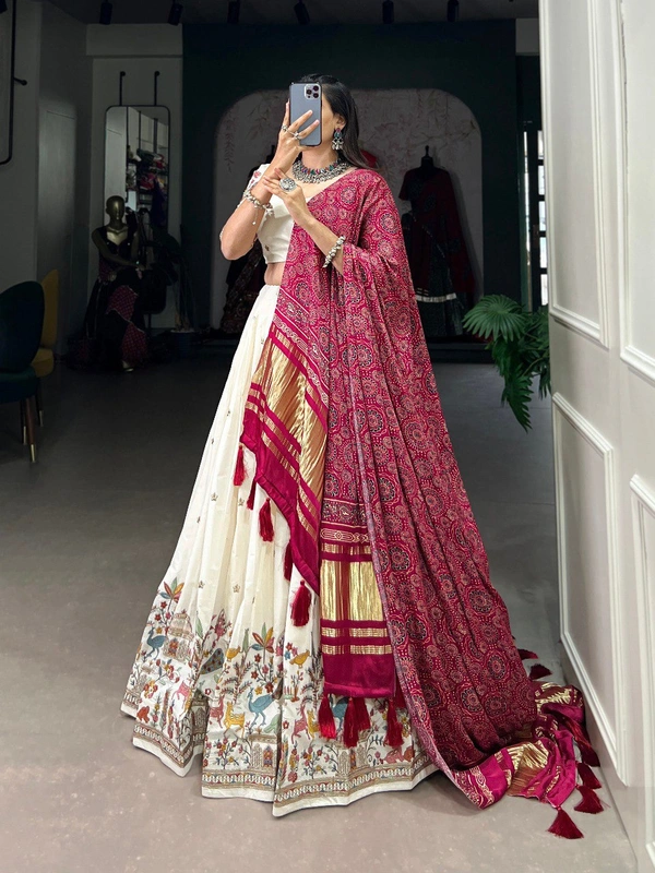 Azorte Fashion Khadi Cotton Lehenga Choli with Embroidery & Gaji Silk Dupatta - Stitched, Unstitched, BRI