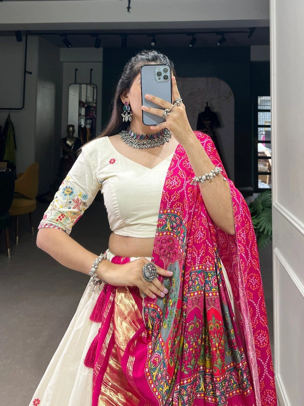Azorte Fashion Khadi Cotton Lehenga Choli with Embroidery & Gaji Silk Dupatta - PCK, Stitched, Unstitched