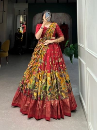 Azorte Fashion Tussar Silk Kalamkari Print Lehenga Choli with Foil Work & Gotta Patti Dupatta - Red, Stitched, Unstitched