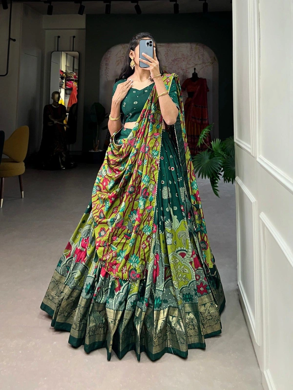 Azorte Fashion Tussar Silk Kalamkari Print Lehenga Choli with Foil Work & Gotta Patti Dupatta - Firefly, Stitched, Unstitched