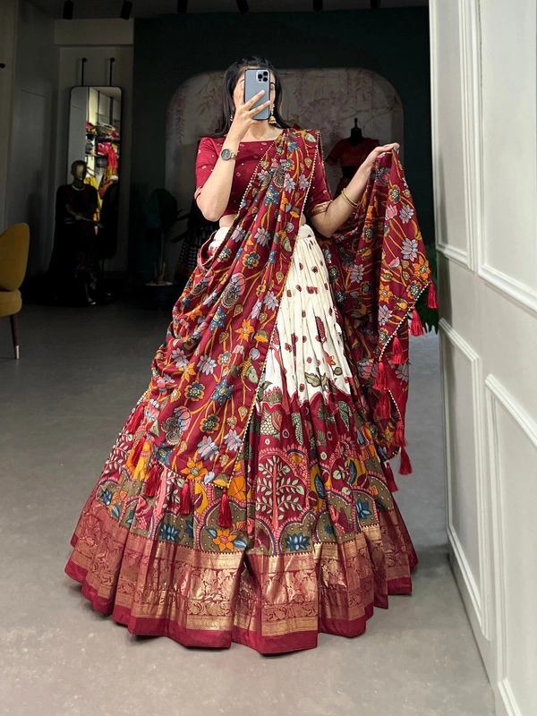 Azorte Fashion Tussar Silk Kalamkari Print Lehenga Choli with Foil Work & Gotta Patti Dupatta - ElS, Stitched, Unstitched