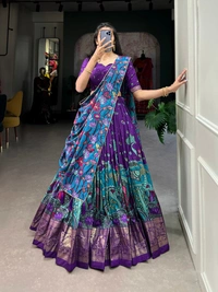 Azorte Fashion Tussar Silk Kalamkari Print Lehenga Choli with Foil Work & Gotta Patti Dupatta - GRP, Stitched, Unstitched