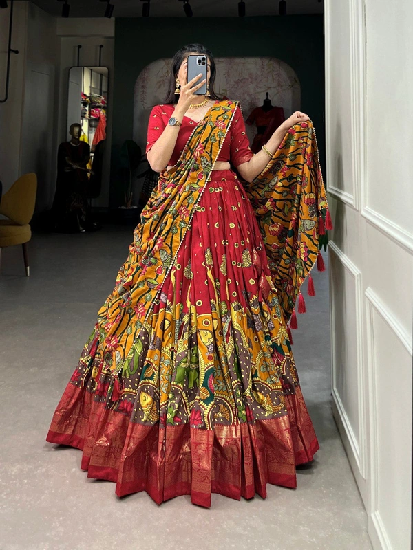 Azorte Fashion Tussar Silk Kalamkari Print Lehenga Choli with Foil Work & Gotta Patti Dupatta - Red, Stitched, Unstitched