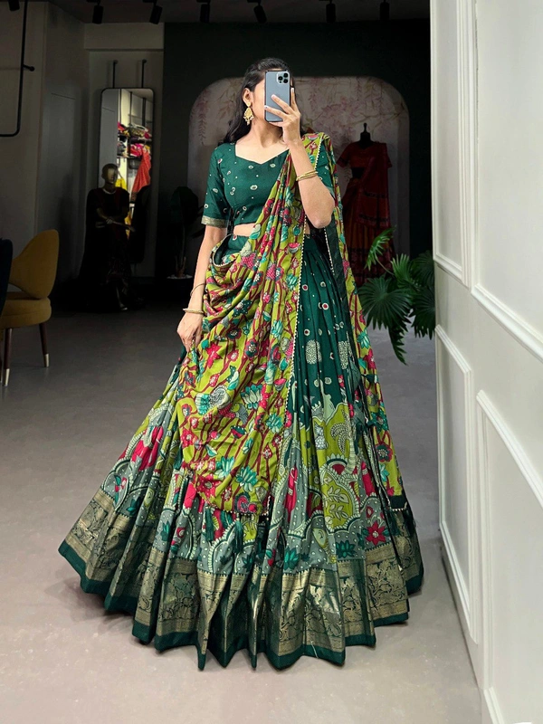 Azorte Fashion Tussar Silk Kalamkari Print Lehenga Choli with Foil Work & Gotta Patti Dupatta - Firefly, Stitched, Unstitched