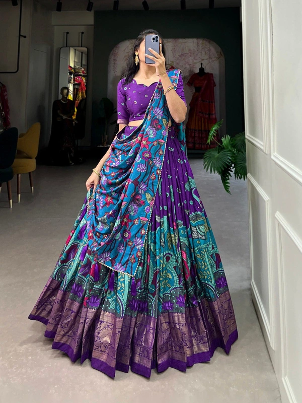 Azorte Fashion Tussar Silk Kalamkari Print Lehenga Choli with Foil Work & Gotta Patti Dupatta - GRP, Stitched, Unstitched