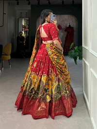 Azorte Fashion Tussar Silk Kalamkari Print Lehenga Choli with Foil Work & Gotta Patti Dupatta - Red, Stitched, Unstitched