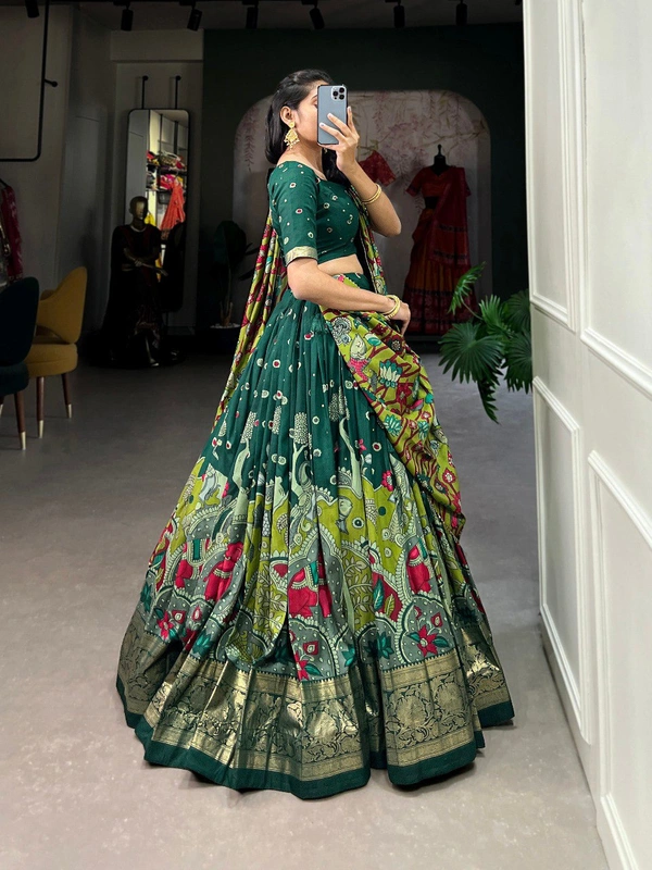 Azorte Fashion Tussar Silk Kalamkari Print Lehenga Choli with Foil Work & Gotta Patti Dupatta - Firefly, Stitched, Unstitched