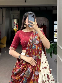 Azorte Fashion Tussar Silk Kalamkari Print Lehenga Choli with Foil Work & Gotta Patti Dupatta - ElS, Stitched, Unstitched