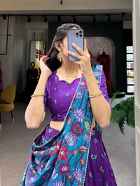 Azorte Fashion Tussar Silk Kalamkari Print Lehenga Choli with Foil Work & Gotta Patti Dupatta - GRP, Stitched, Unstitched