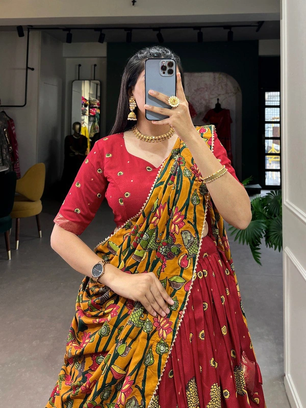 Azorte Fashion Tussar Silk Kalamkari Print Lehenga Choli with Foil Work & Gotta Patti Dupatta - Red, Stitched, Unstitched