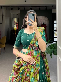 Azorte Fashion Tussar Silk Kalamkari Print Lehenga Choli with Foil Work & Gotta Patti Dupatta - Firefly, Stitched, Unstitched