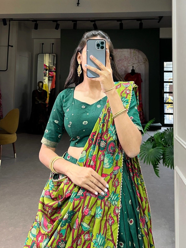 Azorte Fashion Tussar Silk Kalamkari Print Lehenga Choli with Foil Work & Gotta Patti Dupatta - Firefly, Stitched, Unstitched