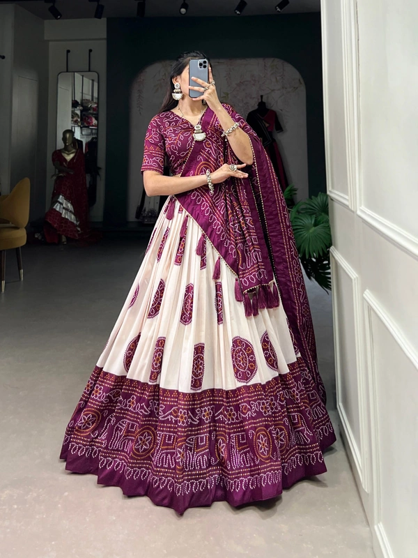 Azorte Fashion Tussar Silk Bandhej Print Lehenga Choli with Gotta Patti Dupatta - MZE, Stitched, Unstitched