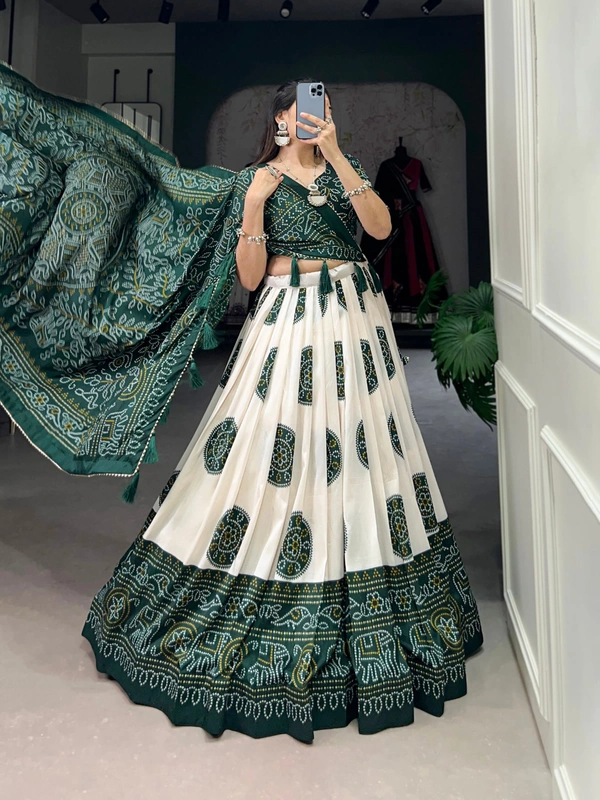 Azorte Fashion Tussar Silk Bandhej Print Lehenga Choli with Gotta Patti Dupatta - Green, Stitched, Unstitched