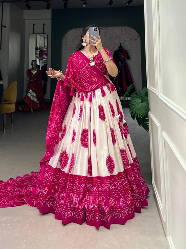 Azorte Fashion Tussar Silk Bandhej Print Lehenga Choli with Gotta Patti Dupatta - PNK, Stitched, Unstitched