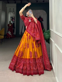 Azorte Fashion Tussar Silk Bandhej Print Lehenga Choli with Gotta Patti Dupatta - Red, Stitched, Unstitched