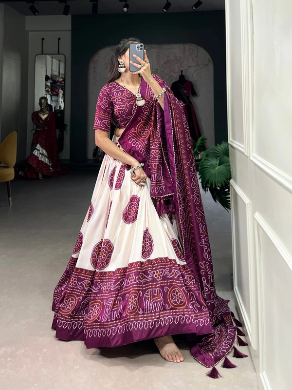 Azorte Fashion Tussar Silk Bandhej Print Lehenga Choli with Gotta Patti Dupatta - MZE, Stitched, Unstitched