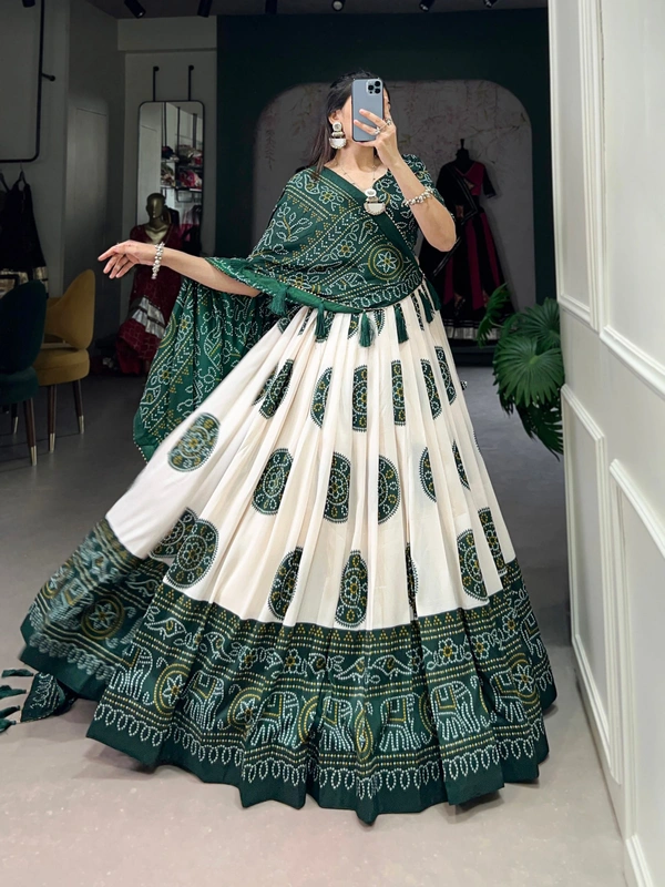 Azorte Fashion Tussar Silk Bandhej Print Lehenga Choli with Gotta Patti Dupatta - Green, Stitched, Unstitched
