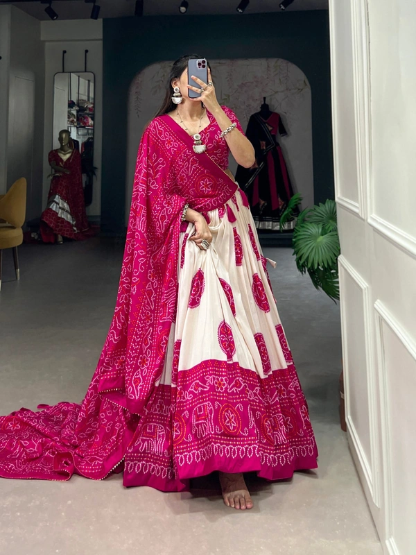 Azorte Fashion Tussar Silk Bandhej Print Lehenga Choli with Gotta Patti Dupatta - PNK, Stitched, Unstitched
