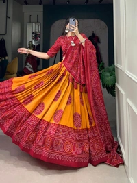 Azorte Fashion Tussar Silk Bandhej Print Lehenga Choli with Gotta Patti Dupatta - Red, Stitched, Unstitched