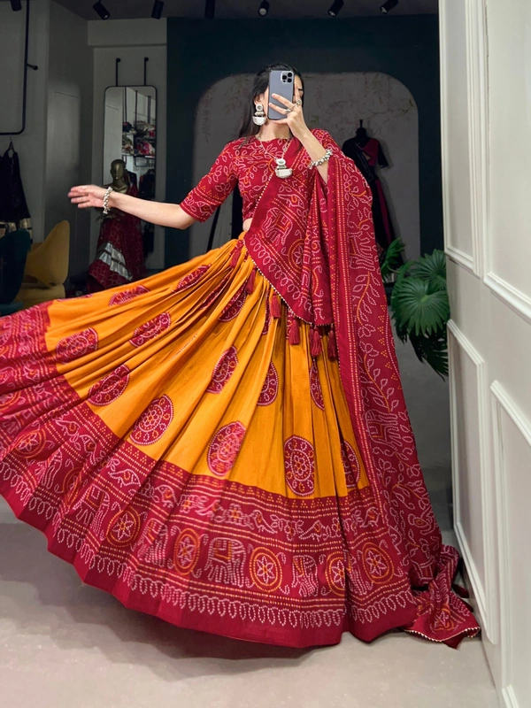 Azorte Fashion Tussar Silk Bandhej Print Lehenga Choli with Gotta Patti Dupatta - Red, Stitched, Unstitched