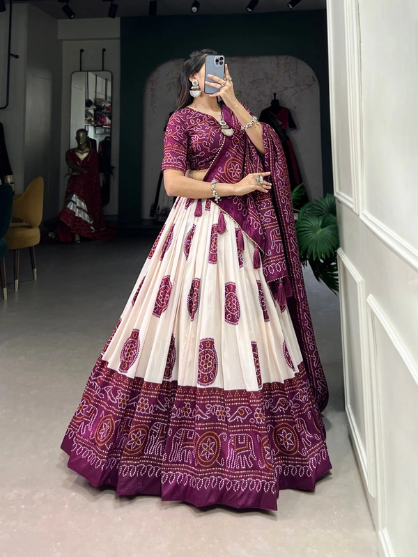 Azorte Fashion Tussar Silk Bandhej Print Lehenga Choli with Gotta Patti Dupatta - MZE, Stitched, Unstitched