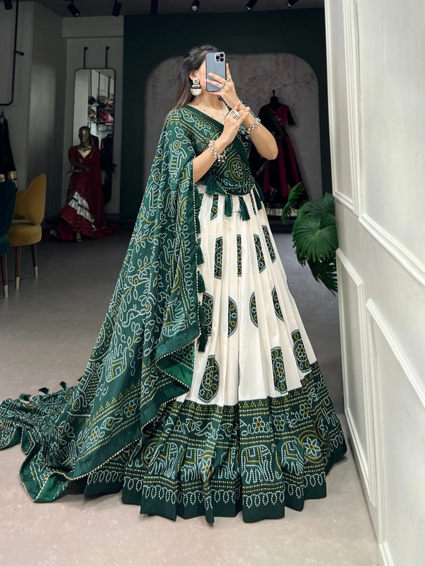 Azorte Fashion Tussar Silk Bandhej Print Lehenga Choli with Gotta Patti Dupatta - Green, Stitched, Unstitched