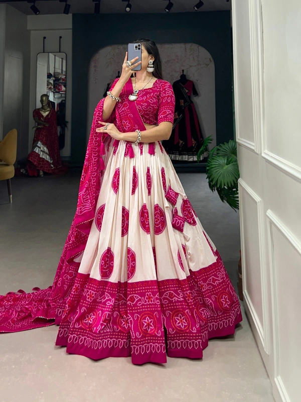 Azorte Fashion Tussar Silk Bandhej Print Lehenga Choli with Gotta Patti Dupatta - PNK, Stitched, Unstitched