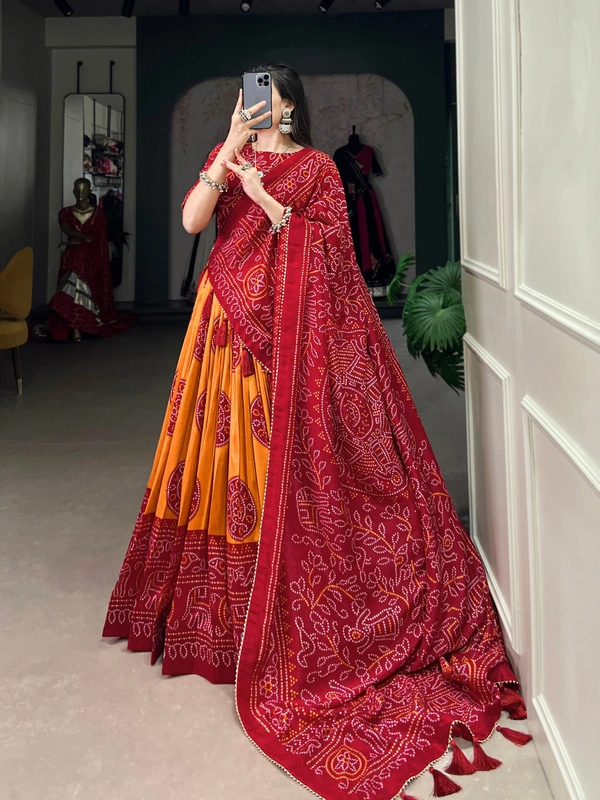 Azorte Fashion Tussar Silk Bandhej Print Lehenga Choli with Gotta Patti Dupatta - Red, Stitched, Unstitched