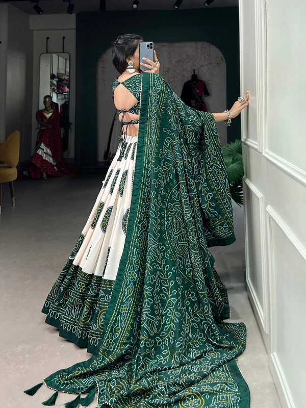Azorte Fashion Tussar Silk Bandhej Print Lehenga Choli with Gotta Patti Dupatta - Green, Stitched, Unstitched