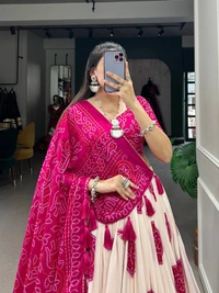 Azorte Fashion Tussar Silk Bandhej Print Lehenga Choli with Gotta Patti Dupatta - PNK, Stitched, Unstitched