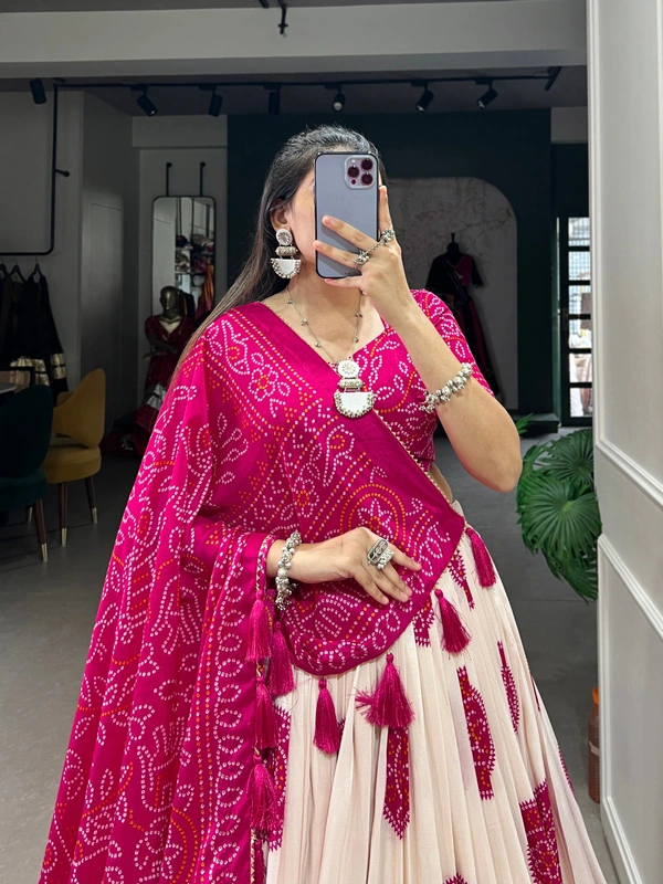 Azorte Fashion Tussar Silk Bandhej Print Lehenga Choli with Gotta Patti Dupatta - PNK, Stitched, Unstitched