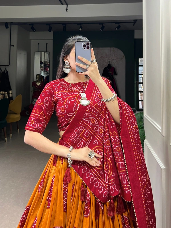 Azorte Fashion Tussar Silk Bandhej Print Lehenga Choli with Gotta Patti Dupatta - Red, Stitched, Unstitched