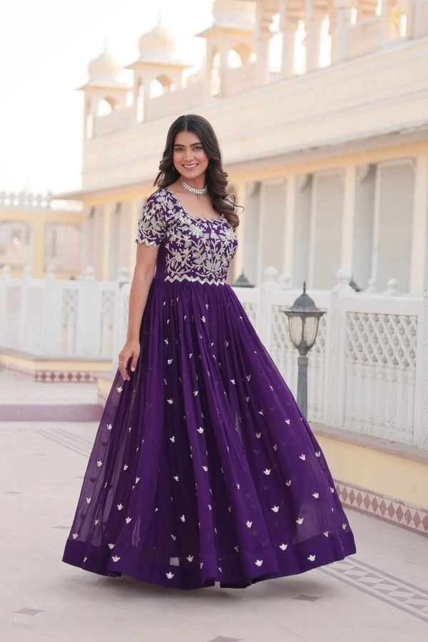 Azorte Fashion Premium Designer Gown | Faux Blooming | Sequins Embroidery | Short Sleeve - PRL, XXL