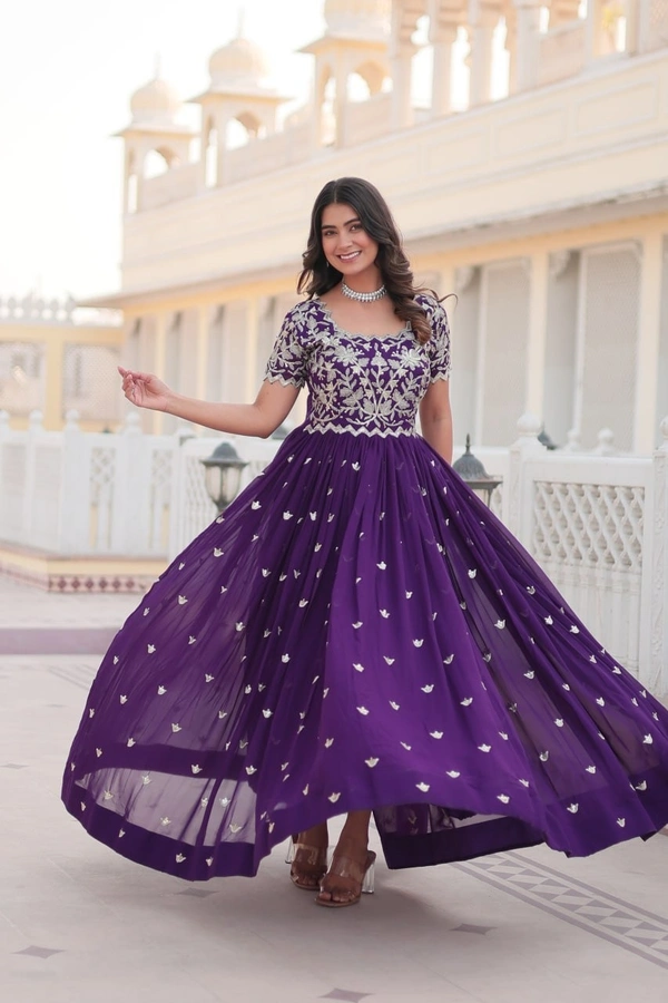 Azorte Fashion Premium Designer Gown | Faux Blooming | Sequins Embroidery | Short Sleeve - PRL, XXL