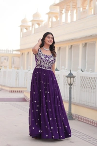Azorte Fashion Premium Designer Gown | Faux Blooming | Sequins Embroidery | Short Sleeve - PRL, XXL