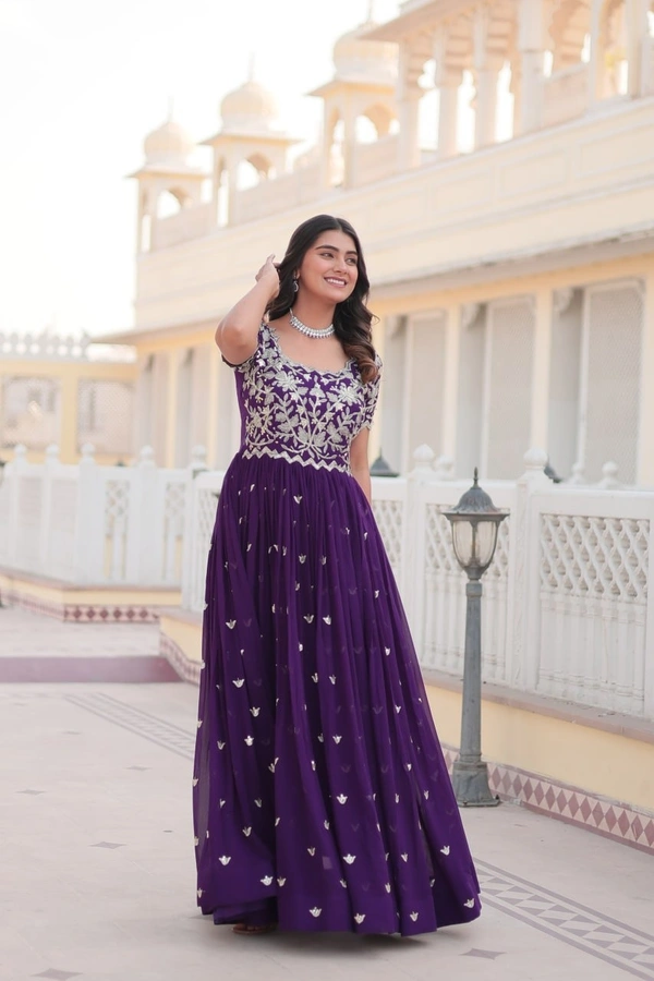 Azorte Fashion Premium Designer Gown | Faux Blooming | Sequins Embroidery | Short Sleeve - PRL, XXL