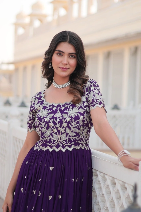 Azorte Fashion Premium Designer Gown | Faux Blooming | Sequins Embroidery | Short Sleeve - PRL, XXL