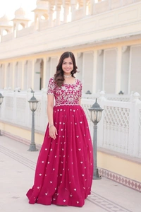 Azorte Fashion Premium Designer Gown | Faux Blooming | Sequins Embroidery | Short Sleeve - MFL, M
