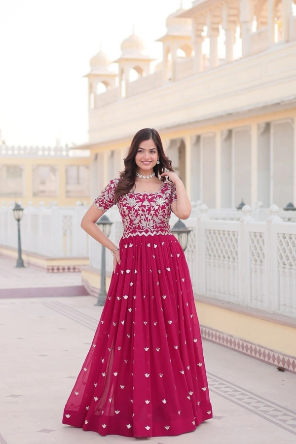 Azorte Fashion Premium Designer Gown | Faux Blooming | Sequins Embroidery | Short Sleeve - MFL, M