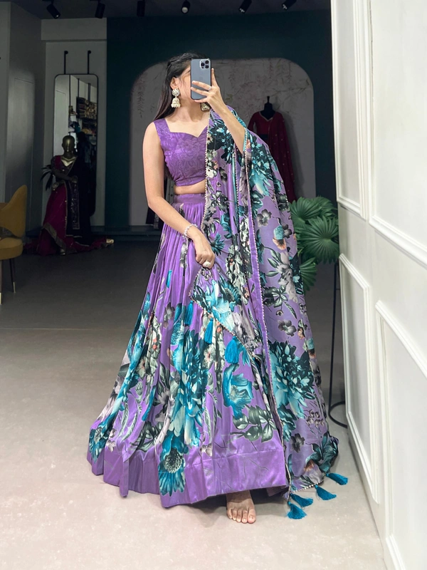 Azorte Fashion Tussar Silk Floral Print Lehenga Choli with Gotta Patti Dupatta - PRL, Stitched, Unstitched