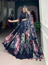Azorte Fashion Tussar Silk Floral Print Lehenga Choli with Gotta Patti Dupatta - Black, Stitched, Unstitched