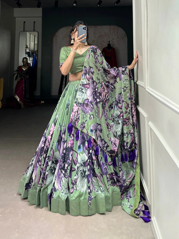 Azorte Fashion Tussar Silk Floral Print Lehenga Choli with Gotta Patti Dupatta - GRE, Stitched, Unstitched