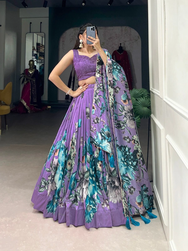 Azorte Fashion Tussar Silk Floral Print Lehenga Choli with Gotta Patti Dupatta - PRL, Stitched, Unstitched