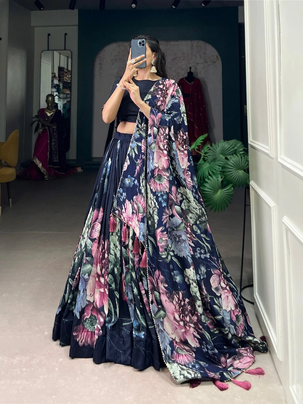 Azorte Fashion Tussar Silk Floral Print Lehenga Choli with Gotta Patti Dupatta - Black, Stitched, Unstitched