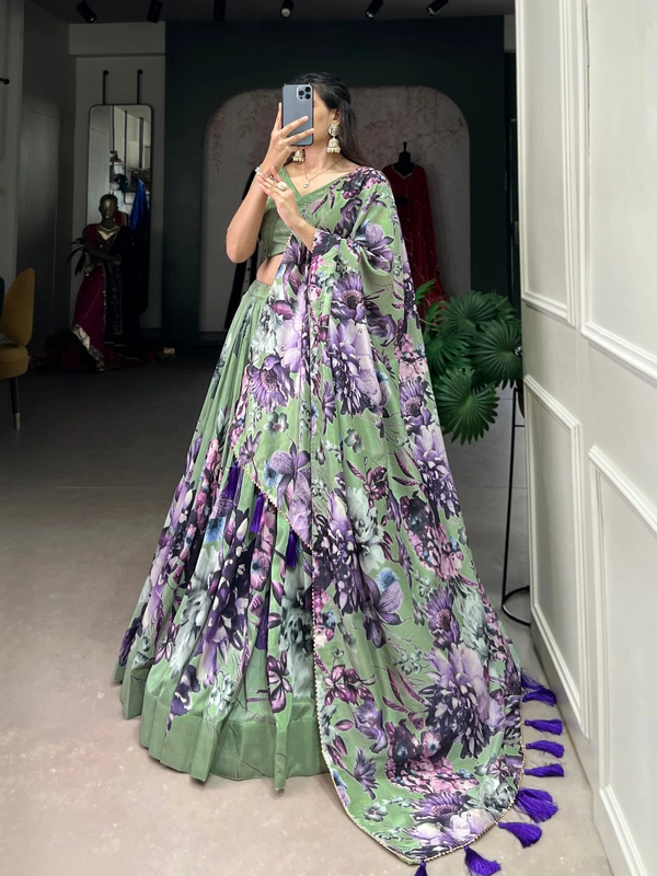 Azorte Fashion Tussar Silk Floral Print Lehenga Choli with Gotta Patti Dupatta - GRE, Stitched, Unstitched