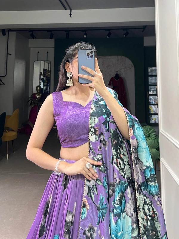 Azorte Fashion Tussar Silk Floral Print Lehenga Choli with Gotta Patti Dupatta - PRL, Stitched, Unstitched