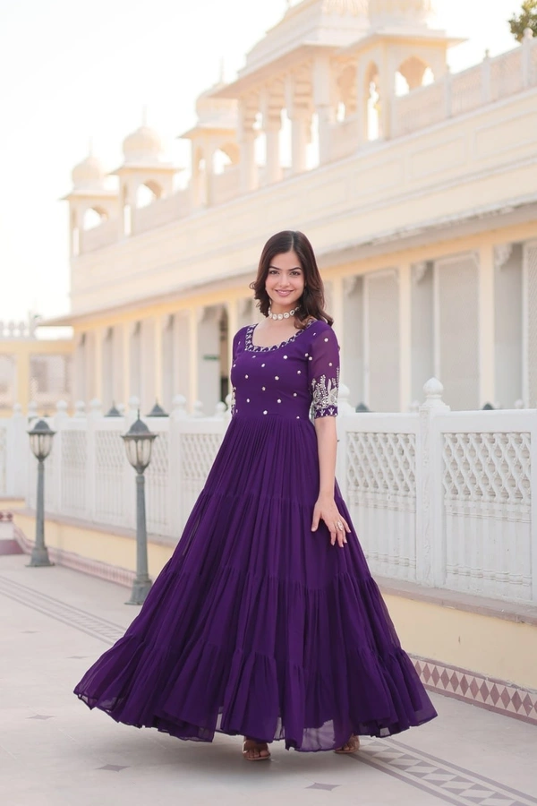 Azorte Fashion Premium Designer Gown | Faux Blooming | Zari & Sequins Embroidery | 12M Flair - PRL, M
